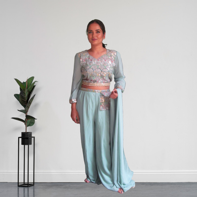 Blue Fusion Palazzo With Embroidery