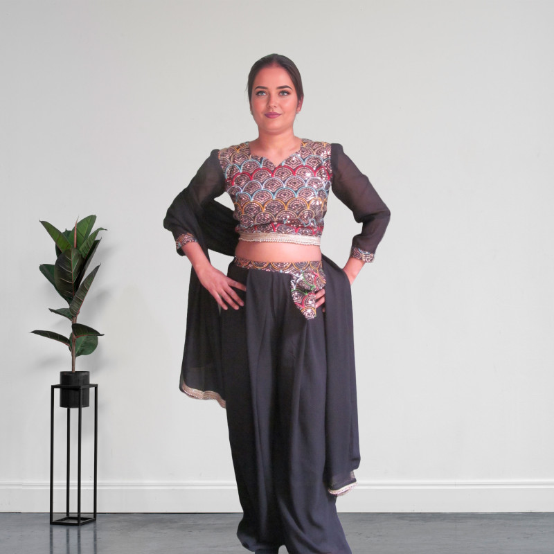 Black Fusion Palazzo With Embroidery