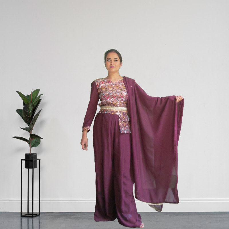 Maron Fusion Palazzo With Embroidery